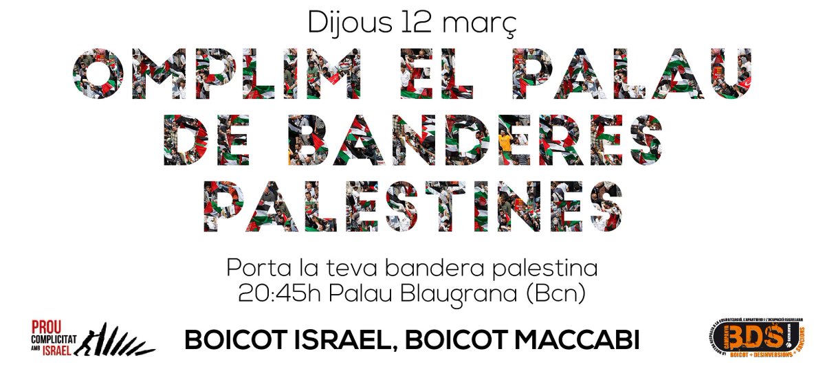 BDSCatalunya's tweet photo. Omplim el Palau de banderes palestines per defensar els DDHH i la llibertat d'expressió! #EuroleagueWithoutMaccabi http://t.co/z392C0T7tI