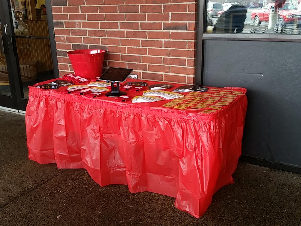 Setup and ready to give away some FREE PIZZA! Come see us at Shakespeare's West location!