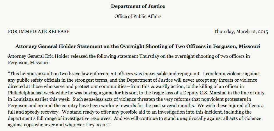 ObamaWhiteHouse's tweet photo. "I condemn violence against any public safety officials in the strongest terms" —Attorney General Holder http://t.co/oPXhsEAH4a