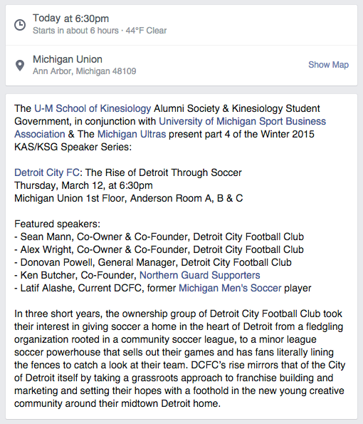 MichiganUltras's tweet photo. TODAY @ 6:30PM come to the @UMKines Alumni Society speaker panel "@DetroitCityFC: The Rise of Detroit Through Soccer" http://t.co/uRctgfDynW