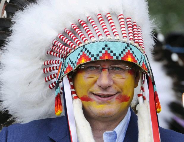 #dresscodePM Which sacred First Nations ceremony Harper was participating in, when he wore *this headdress? #cdnpoli