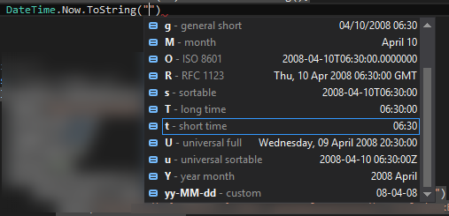 larsklint's tweet image. .@VisualStudio has datetime formatting in intellisense. Why haven&apos;t I seen this before? Is this #WebEssentials?