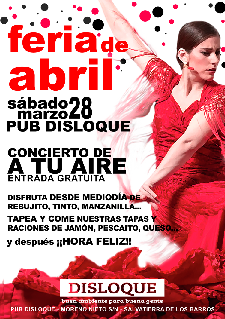 PubDisloque's tweet photo. SAB 28 MARZO: ¡¡ FERIA DE ABRIL EN DISLOQUE !! Desde MEDIODIA-Tapas-Rebujito-Cerveza.Grupo A TU AIRE - Hora Feliz http://t.co/4TFB5TXYye