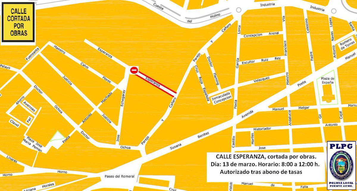 “<a href="/PoliciaPteGenil/">Policía Puente Genil</a>: #cortedecalle #tráfico C/ Esperanza. Día:13 marzo de 08:00-12:00 h.
Por obra. ”