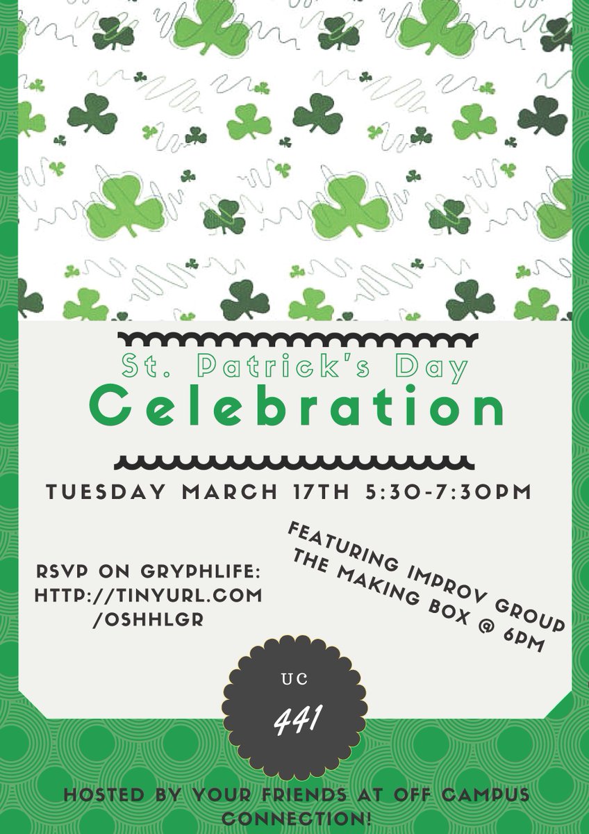 uogocc's tweet photo. Join in on the St.Patty's Day celebrations with OCC! RSVP on @GryphLife http://t.co/rHCZSaVDy4 http://t.co/OvIzMBEH0S