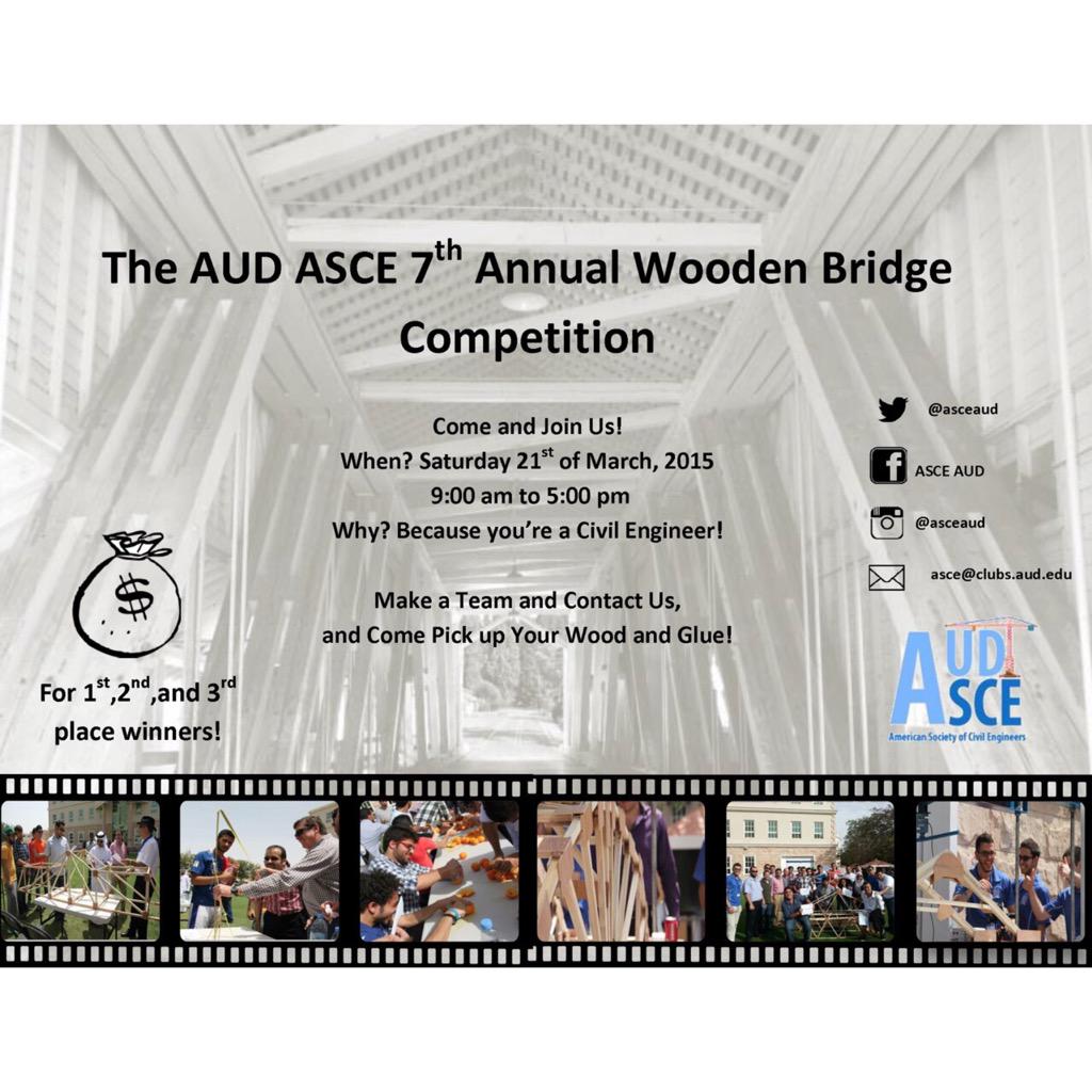 AsceAud's tweet photo. ASCE AUD 7th Annual Wooden Bridge Competition happening on 21st of March! http://t.co/X9x8LAdq1g