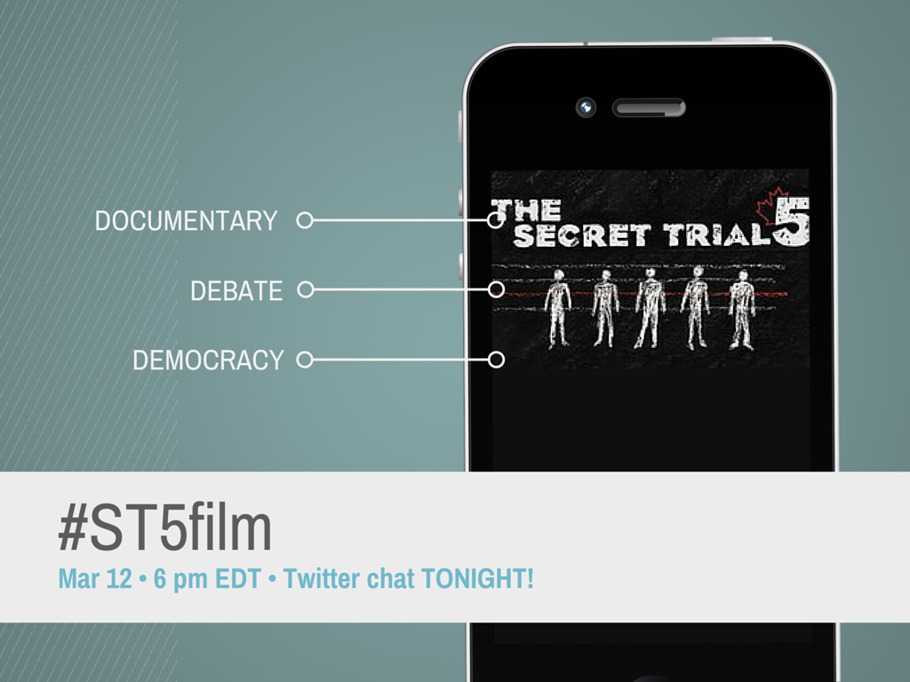 Twitter chat happening now re: Canadian #security, #demoncracy, #humanrights. Pls RT <a href="/cancivlib/">Canadian Civil Liberties Association</a> #ST5film