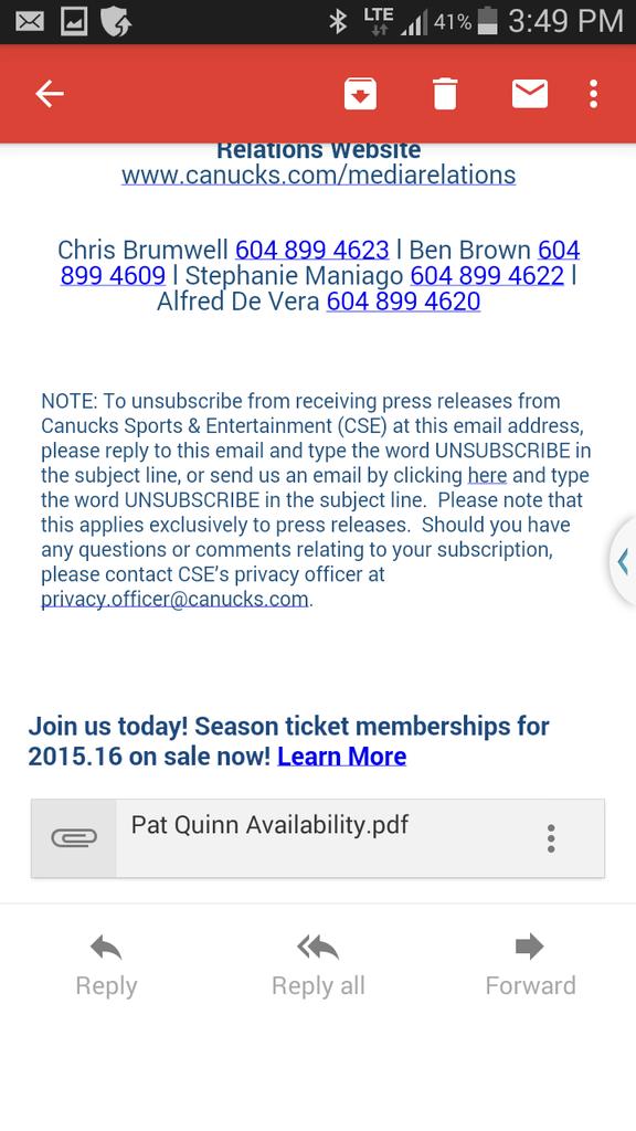 News release for Pat Quinn night. Check out bottom of screen.  The availability is intriguing.