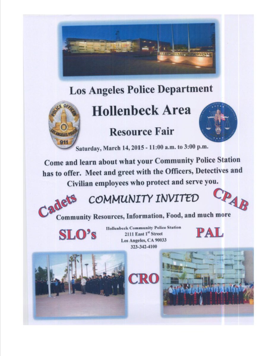 LAPDCPU's tweet photo. Hollenbeck Area will be hosting a resource fair this Saturday March 14, 2015 From 11:00am to 3:00pm. @LAPD_CaptBaeza http://t.co/QwTGKGWhIx