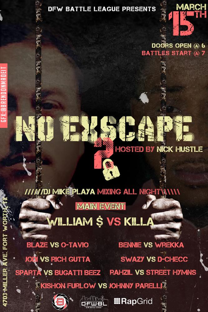 DFWBATTLELEAGUE's tweet photo. SUNDAY DOORS OPEN @ 5PM!!!

#DFWBL #NoExscape2 #SouthernBattleRap http://t.co/kCjMbFiiu8
