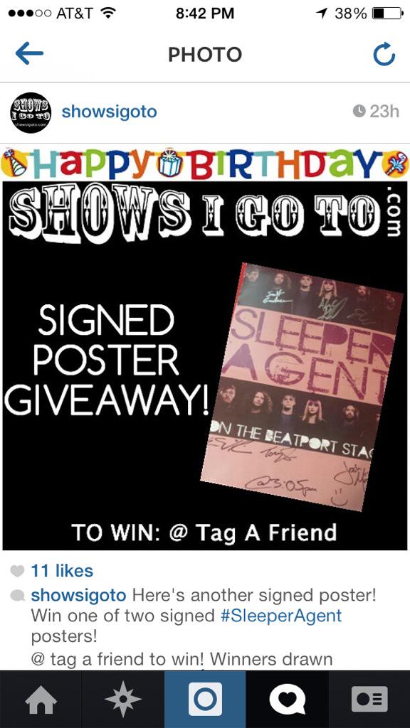 ArtsieAsh's tweet photo. I just won a signed Sleeper Agent poster!! Thanks @ShowsIGoTo !!! @_SLEEPERAGENT #SoHappy http://t.co/u1wZo80K92