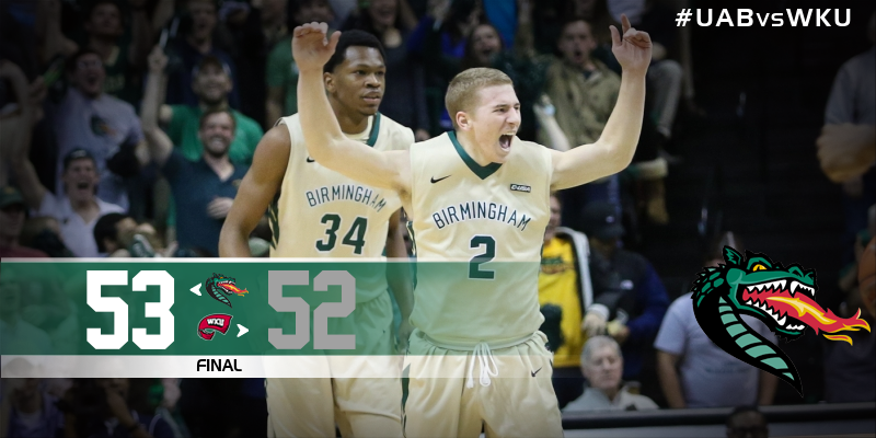 UAB_Athletics's tweet photo. FINAL: WKU’s last shot is no good, and @UAB_MBB will take the victory, 53-52! #GoBlazers #UABvsWKU http://t.co/lc7CbGJDD4