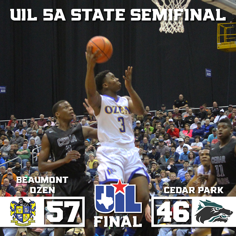 #UILState Boys Basketball 5A Semi FINAL SCORE: Beaumont Ozen 57, Cedar Park 46. Box: bit.ly/1CbuJjF