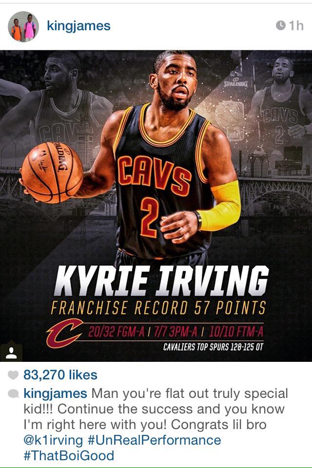 ReinaCarbetta's tweet image. My favorite bromance! @KingJames + @KyrieIrving #57Points ! #TheLand #HomeTeam #Cavs