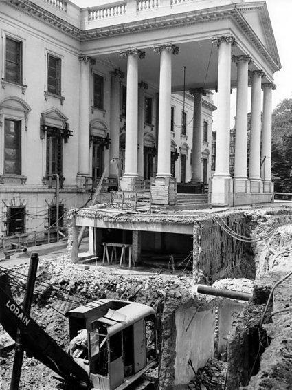 White House, 1950. Workmen digging the basement under the North Portico.0