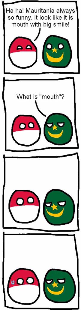 polandball_bot's tweet photo. モーリタニアの口？
【解説】
ポ「モーリタニアはとても面白いね。口が大っきい笑顔みたいに見えるよ」
モ「口って何？」
ポ「(　ﾟдﾟ)…」
https://t.co/lWOgPrDsxK