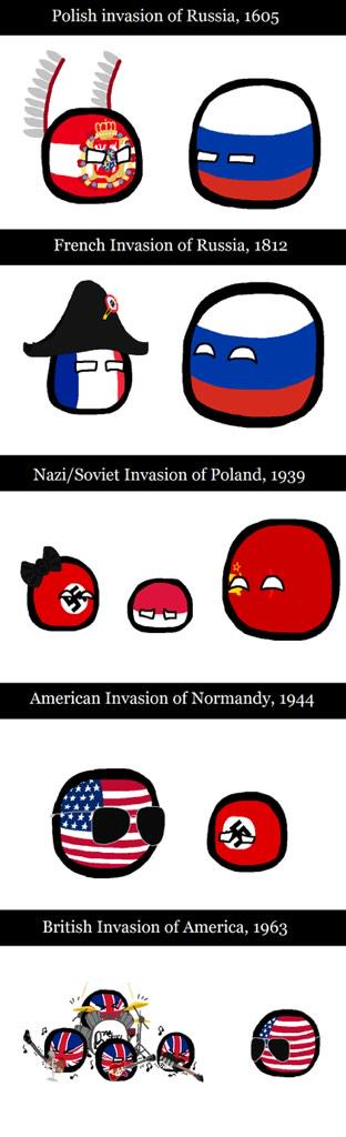 polandball_bot's tweet photo. 色んな「侵略」
【解説】
最後のシーンはThe Beatlesがアメリカで大ブレイクしたことを描いています。これをロックの世界ではブリティッシュインベーションというようです。
https://t.co/EQl9An9j1q