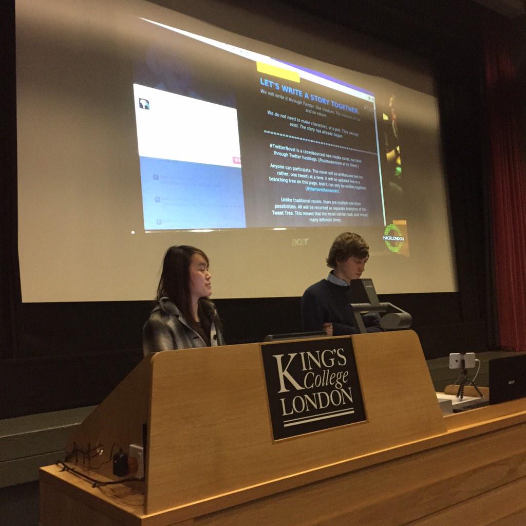 hacklondonuk's tweet photo. First 1 min pitch.. #TwitterNovel write a collaborative novel using hashtags, let it grow live on a tree #HackLondon http://t.co/NfzZ0vClqi