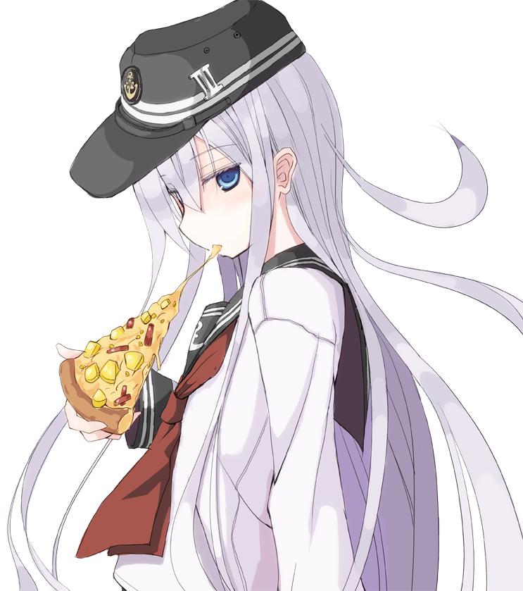 hibiki (kancolle) 1girl long hair solo food hat pizza school uniform  illustration images