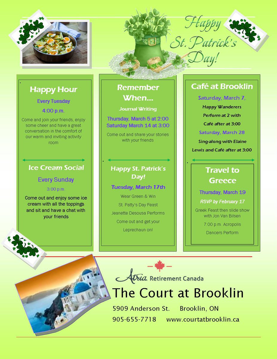 The court at Brooklin events for March - call to RSVP today!
905-655-7718 or sharon.unsworth@atriaretirement.ca