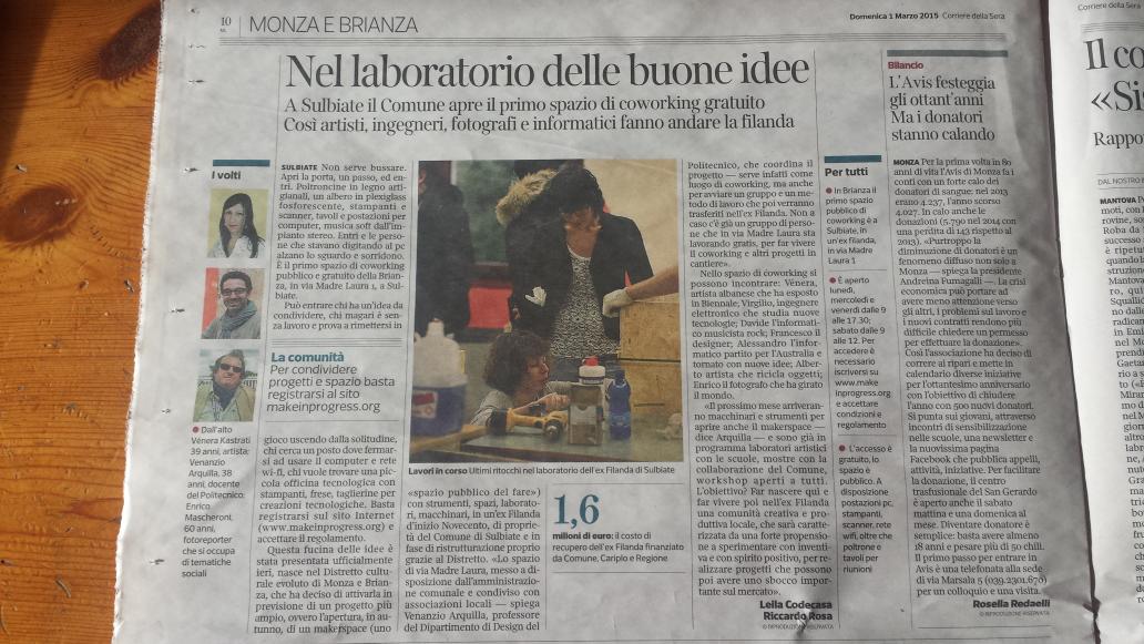 Adarrigo's tweet photo. Yupiiis! Siamo su @corrieremilano di oggi! #MakeinProgress #Makerspace del distretto culturale di Monza! @FondCariplo http://t.co/3QM3Ie5rqe