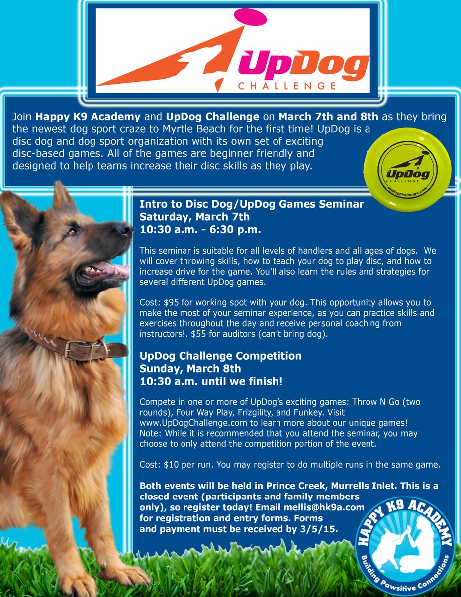 HappyK9Academy's tweet photo. Register by March 5th to participate in next weekend's exciting UpDog Challenge seminar and competition! http://t.co/6z37C0WUTb