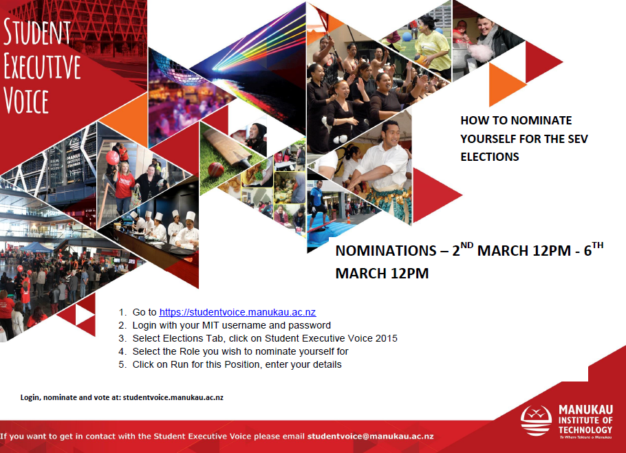 MITsvoiceNZ's tweet photo. SEV Elections - Nominations open today at 12pm http://t.co/69T4jpbVQy