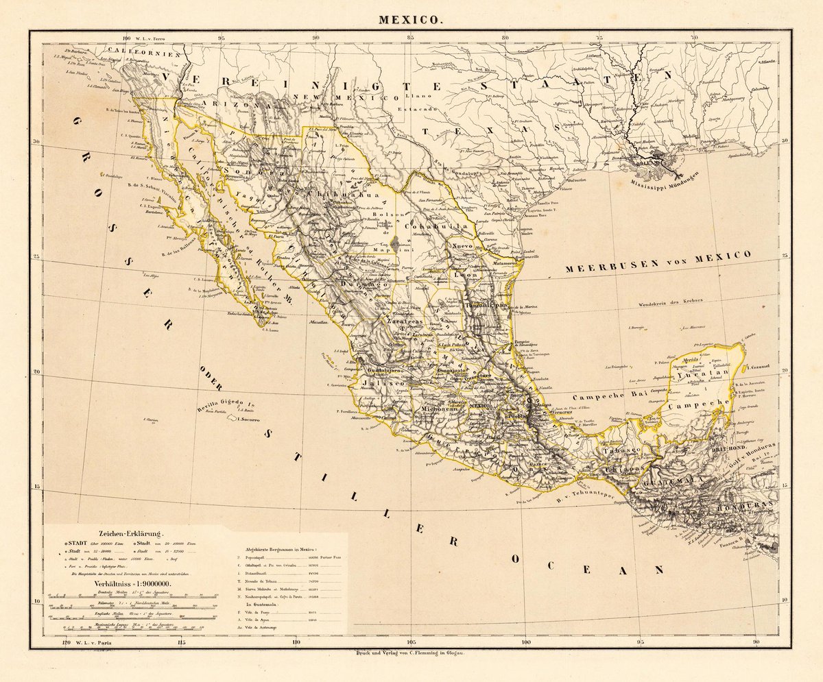 Antique Mexico map by Flemming published 1881 showing Baja California