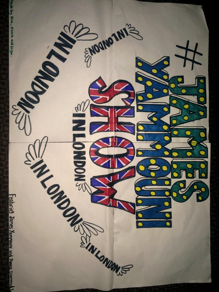 James_Yammouni's tweet photo. Less than an hour left!! This shows sign is brought to you by Ella, Olivia and Eliza Thanks girls! #JamesYammouniShow http://t.co/1dOpectjA4