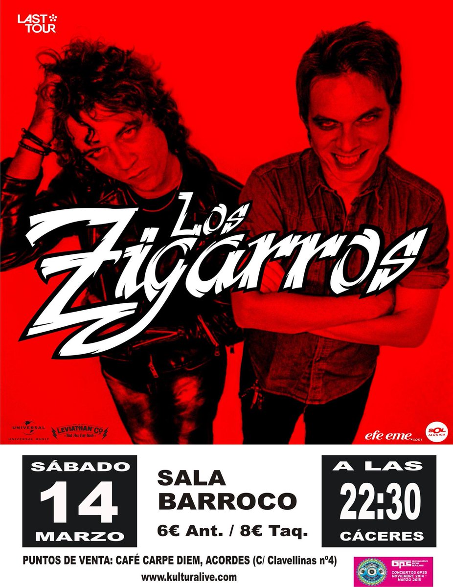 sábado 14 de marzo, @loszigarros en <a href="/SalaBarroco/">Sala Barroco</a>