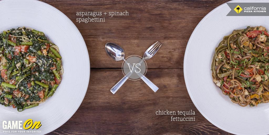 calpizzakitchen's tweet photo. We've got a fighter here! Chicken Tequila VS Asparagus + Spinach... Comment away for who has your heart! #CPKgameon http://t.co/CA4ghOJLyT