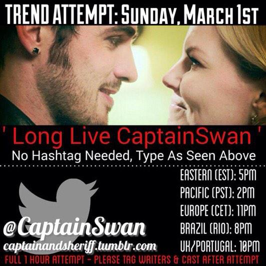 ArmyCaptainSwan's tweet photo. TREND ATTEMPT STARTS IN EXACTLY 1 HOUR GET YOUR TWEETS READY! 
"Long Live CaptainSwan" 
RT http://t.co/o9RLJBZVvG