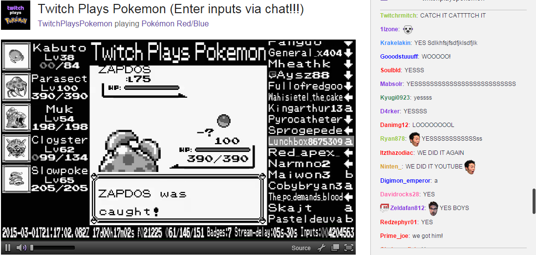 TwitchPokemon's tweet photo. We repeat history and catch Zapdos with a Master Ball!! We now have a full party. -@Jag6000 #TwitchPlaysPokemon http://t.co/9B9e0Ip5jW