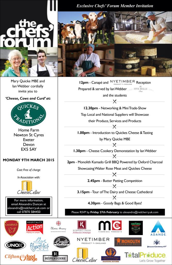 thechefsforum's tweet photo. #CheeseCowsCurd with @maryquicke @QFShop_Kitchen demos &amp; canapés by Ian Webber @FiveBellsDevon #cheese #awardwinning http://t.co/RLqwe1yGOl