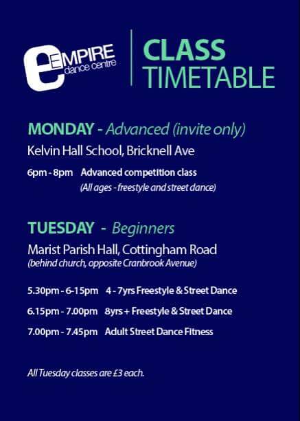EmpireDanceHull's tweet photo. NEW dance timetable for Tuesdays £3 each @EmpireDanceHull #dancehull #fitness #streetdance #freestyledisco Please RT http://t.co/SAD7ZV1t22