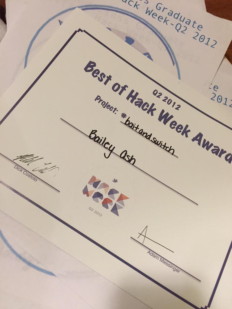 bails's tweet image. Found old @twitter hack week goodies, including #codeclass grad certificates. And #baitandswitch of course.