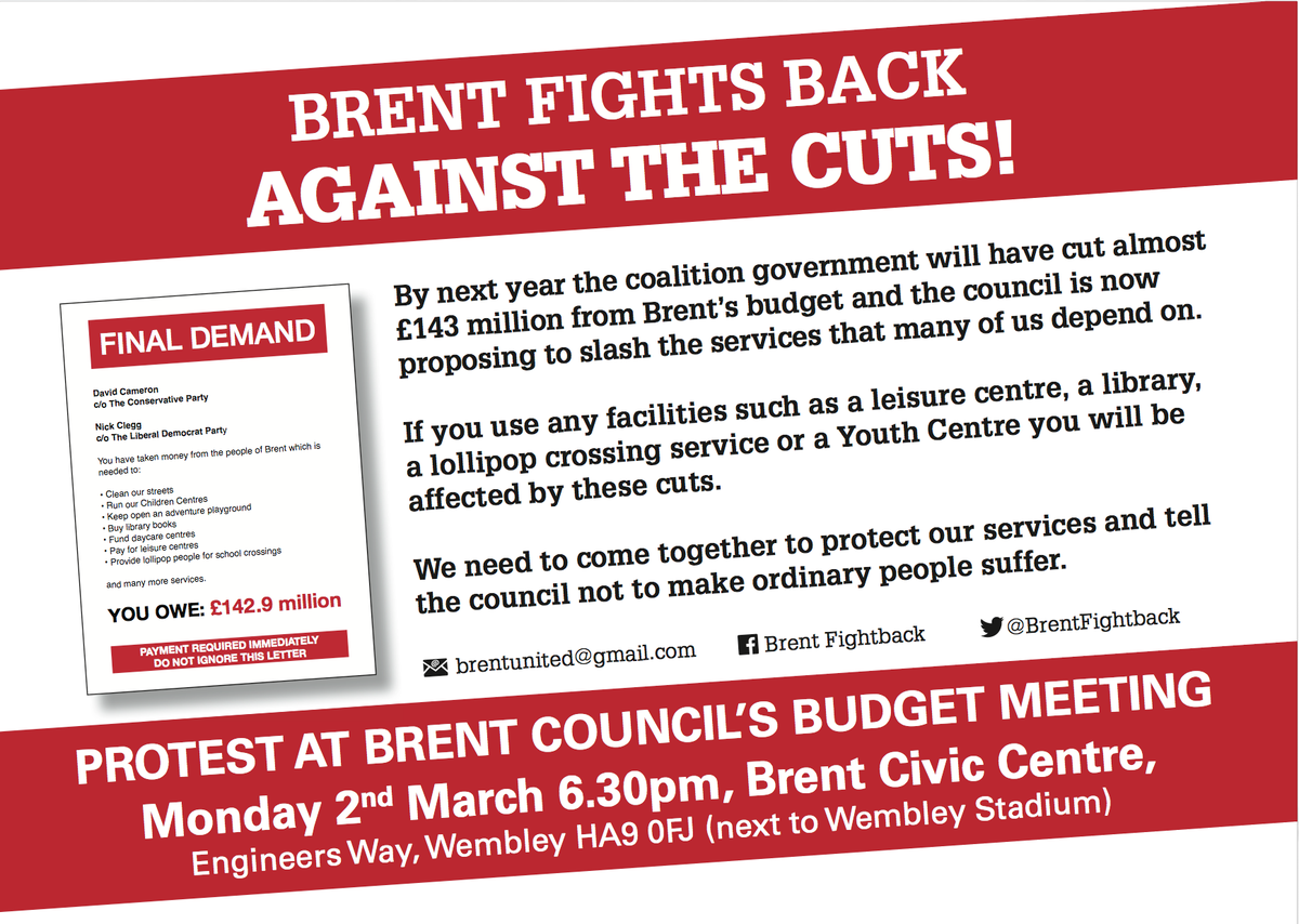 MakeWillesdenGr's tweet photo. Tonight! protest against £53million Brent Council cuts. 6.30pm Wembley Civic Centre http://t.co/eiuDALDQ5T