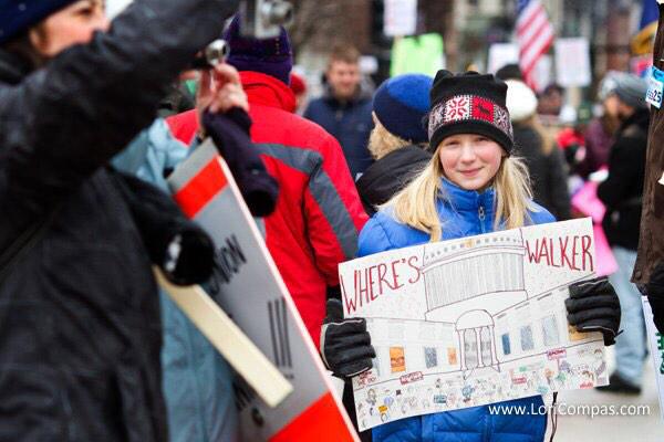 LoriCompas's tweet image. from 2011: my daughter's "where's walker" poster. @ScottWalker didn't take on protesters; he hid. #wisis
