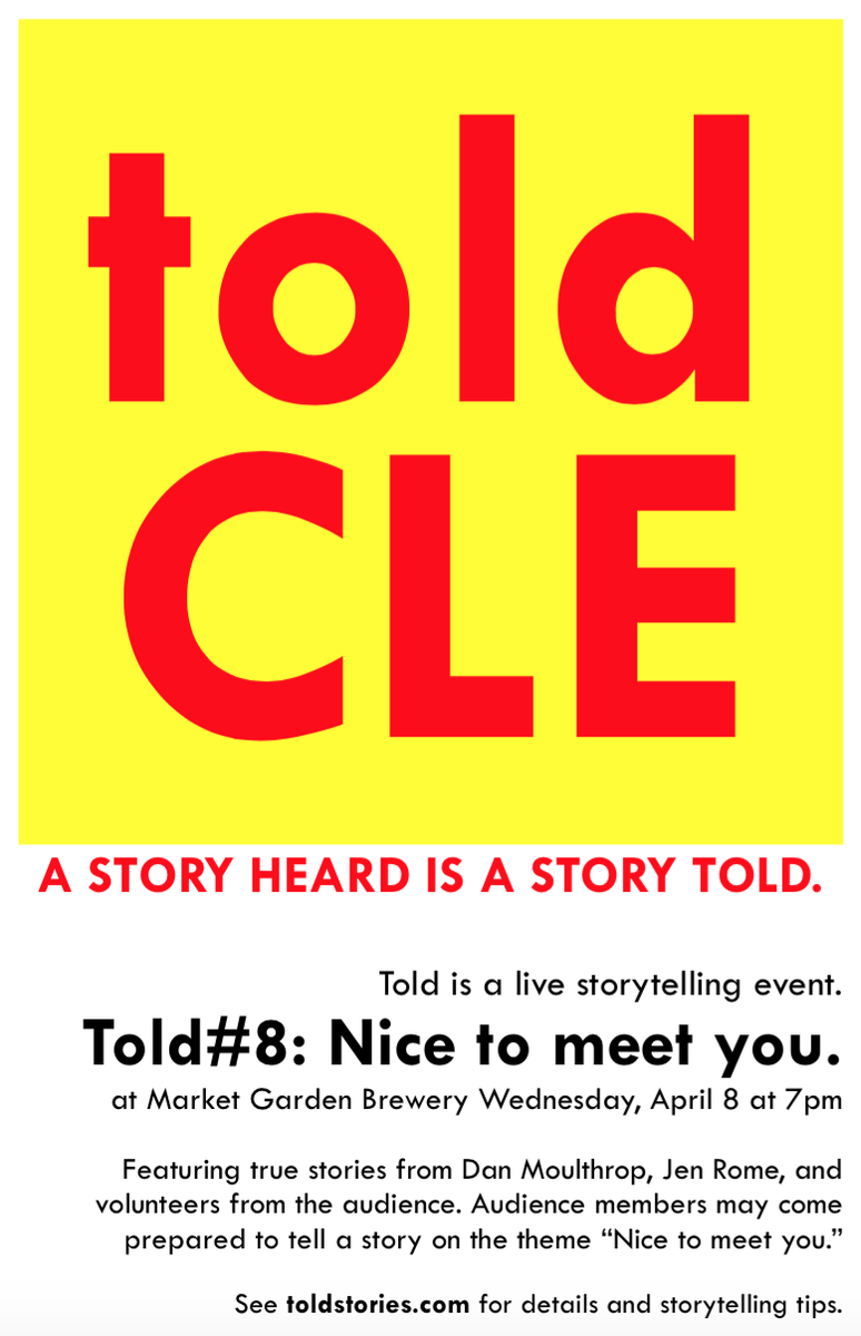 toldCLE's tweet photo. #told8: Nice to meet you. Featuring @danmoulthrop and Jen Rome (@WhyCLE) on April 8. @MarketGardenCLE http://t.co/GP8ykqAPiu