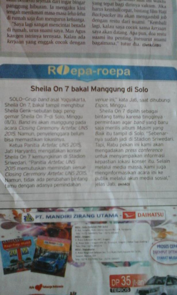 sheilaon7's tweet photo. Yeay \o/ RT @desysar_: Berita pagi ini. #sheilaon7 minggu besok bakal di Soloo. Hiyaaaaa http://t.co/DbctiMxX7i