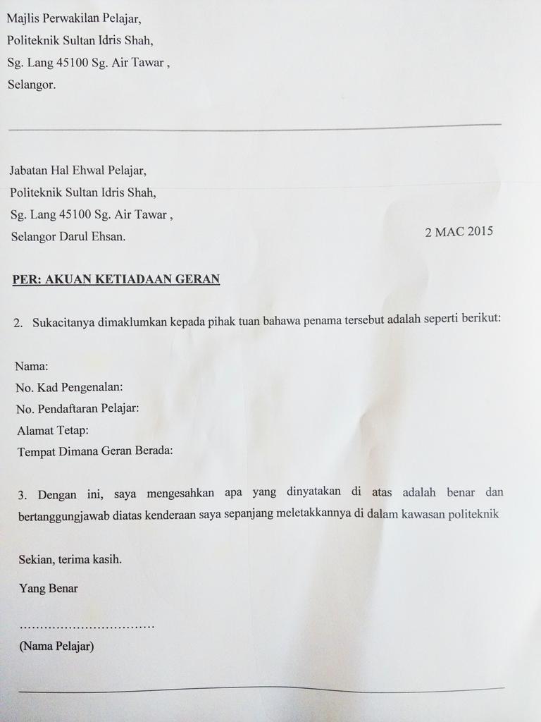 Contoh Surat Akuan Kenderaan