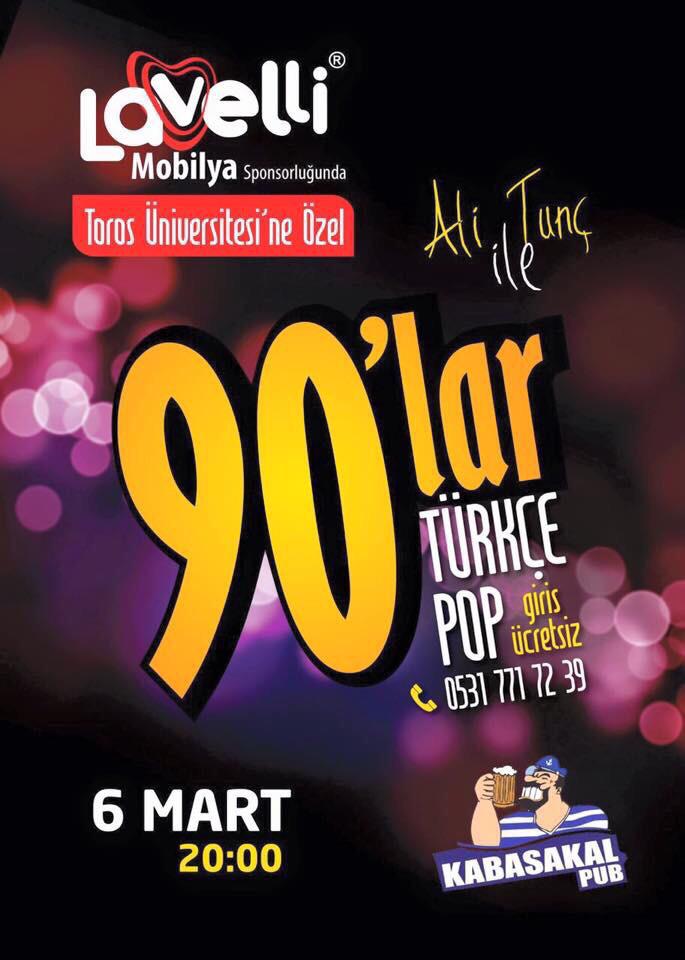 ForumToros's tweet photo. Toros Universitesine Ozel |
90'lar Türkce Pop | 6 Mart 20.00 | Yer: Kabasakal Pub http://t.co/Ku6zfyFibi