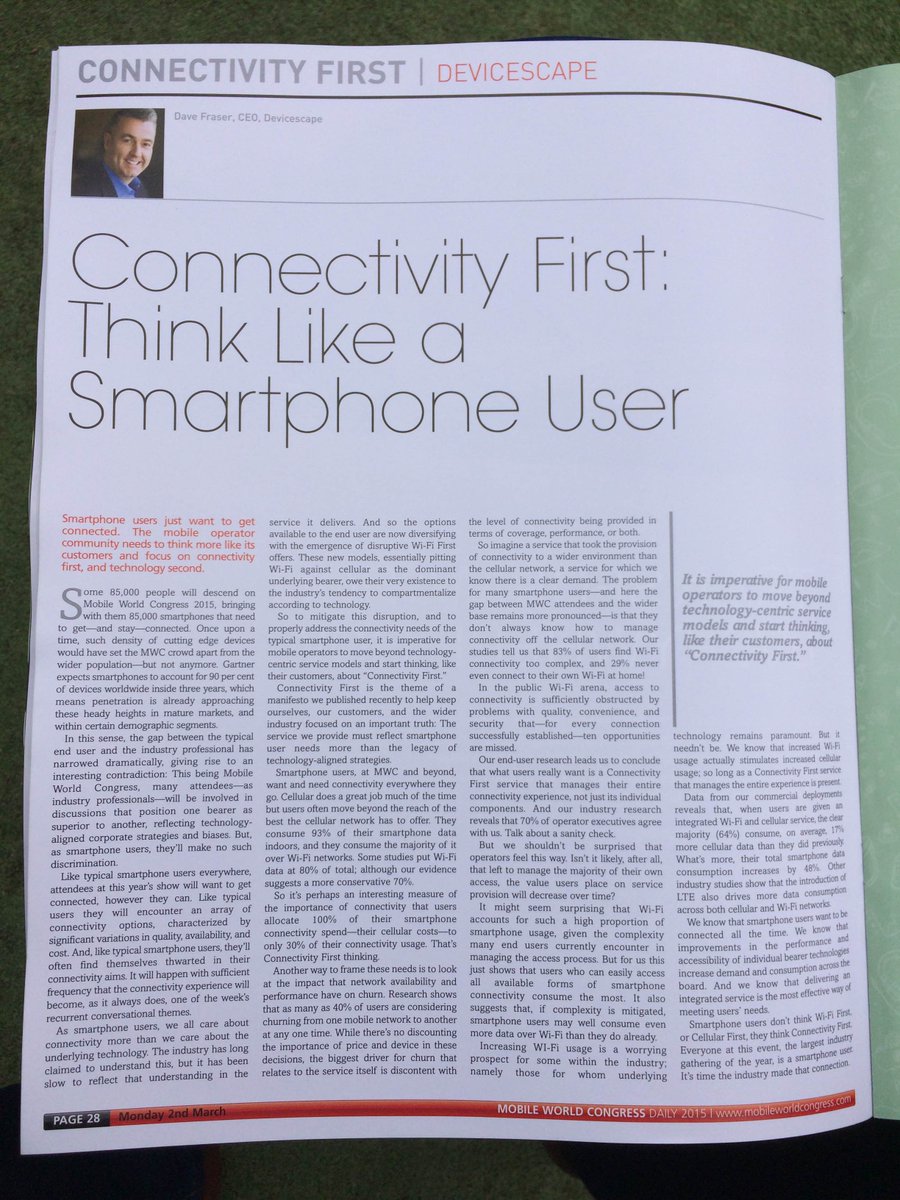 devicescape's tweet photo. #Devicescape CEO Dave Fraser introduces #ConnectivityFirst at MWC15. p28 of today's Show Daily #MWLive http://t.co/RfSsBQgpIG