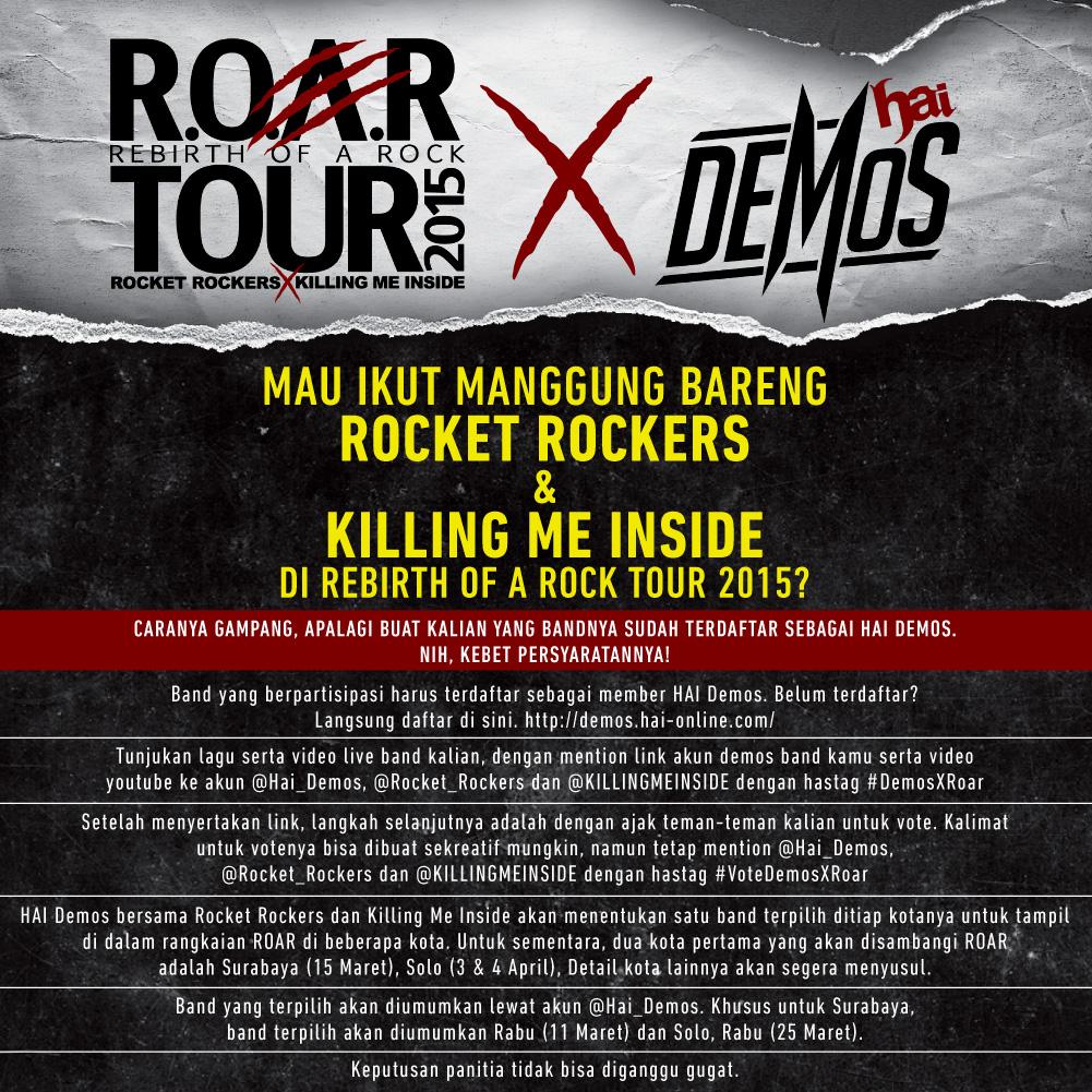 Kalau mau, ikutan jadi opening <a href="/rocket_rockers/">Rocket Rockers</a> dan <a href="/KILLINGMEINSIDE/">Killing Me Inside</a> cek dulu,syaratnya, nih! ;) #DemosXRoar