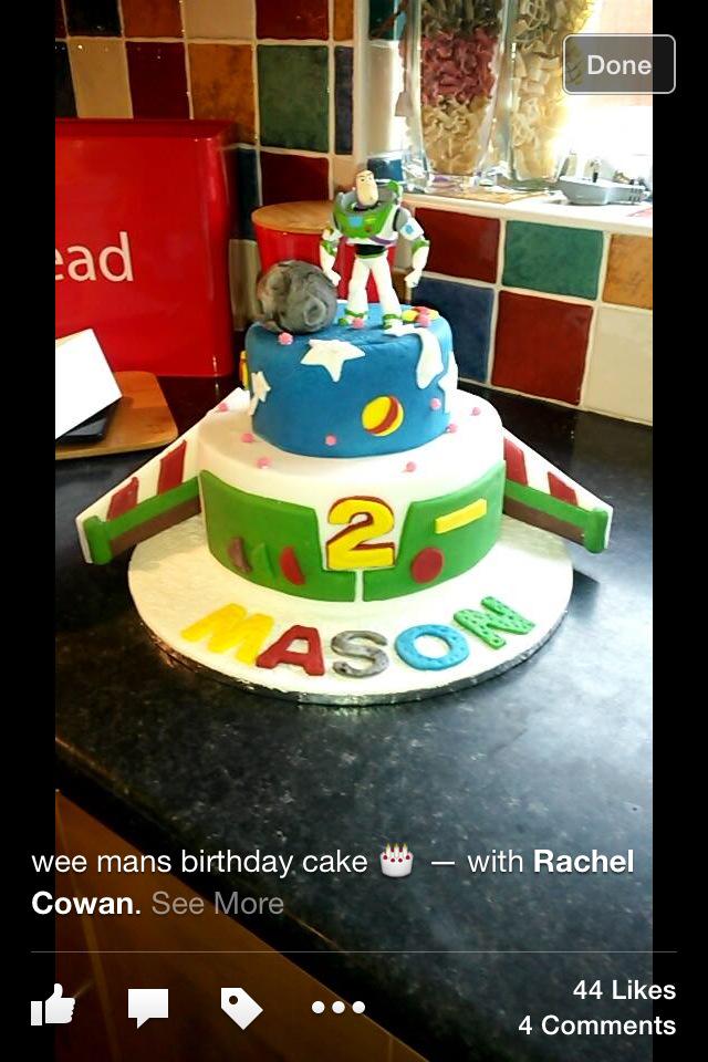 45bakerst's tweet photo. Two new cakes this week, Joey Dunlop yellow helmet for biker. Buzz light year for mason who was two on saturday. http://t.co/j67doKrQFG