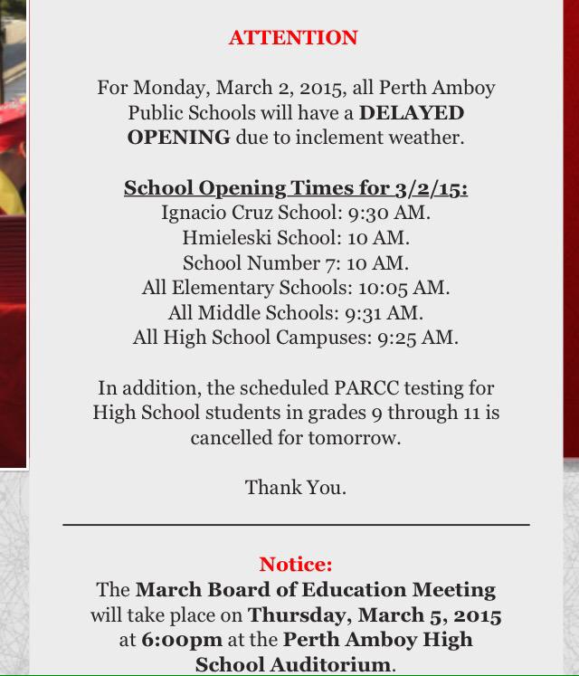 Perth amboy school opens with delayed opening