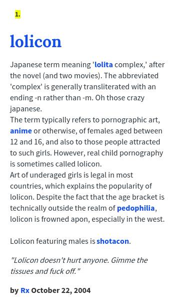 Urban Dictionary on X: @victorSmoses lolicon: Japanese term meaning 'lolita  complex,' after the novel    / X