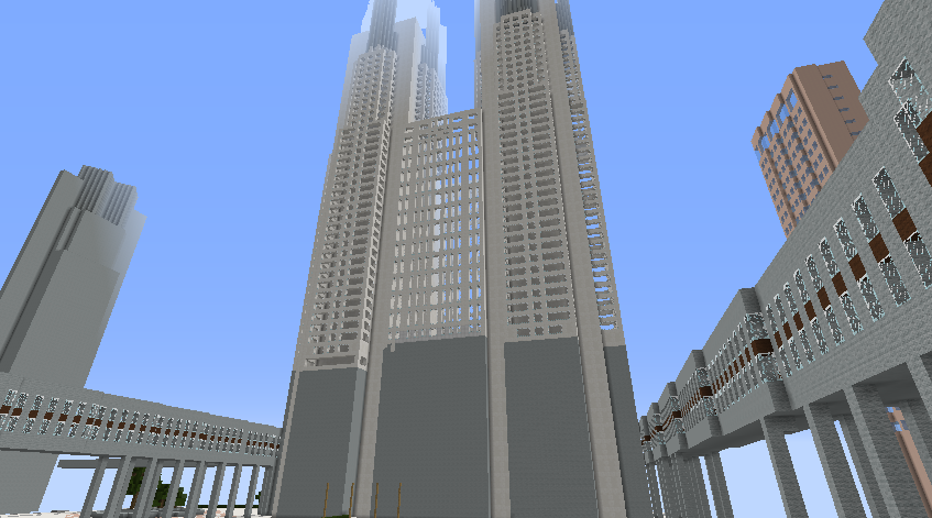 西新宿再現サーバー Minecraft Minecraft 新宿 W 再現 西新宿一丁目交差点南側の雑居ビルの建築が一段落したのでうｐ 二枚目の画像は氷砂糖さんに手伝ってもらってる都庁 Http T Co Mekzww2izp