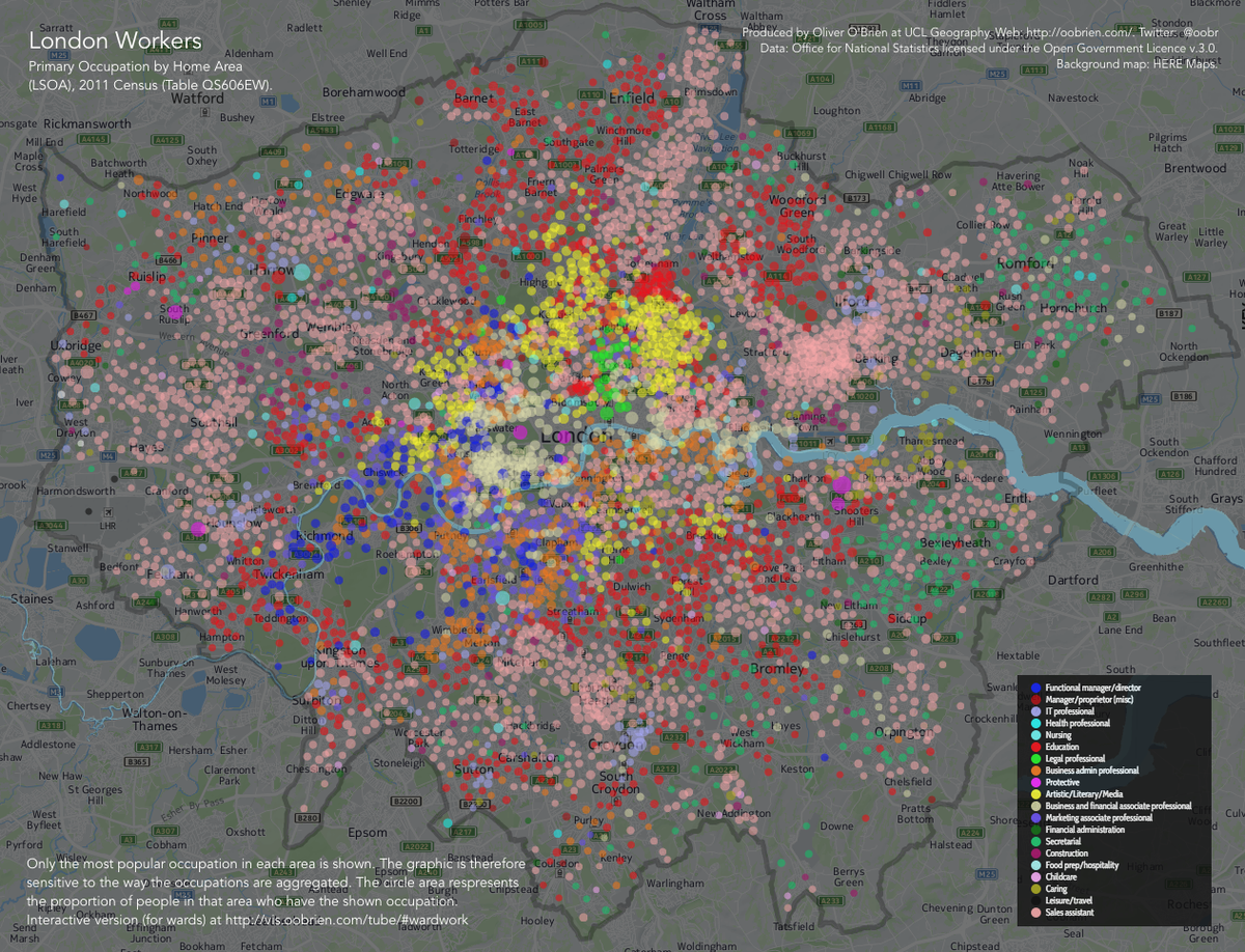 oobr's tweet photo. Map of the most popular occupation by (home) area in London. A more detailed version of  http://t.co/997xNrBxfA http://t.co/vZphONYLXM