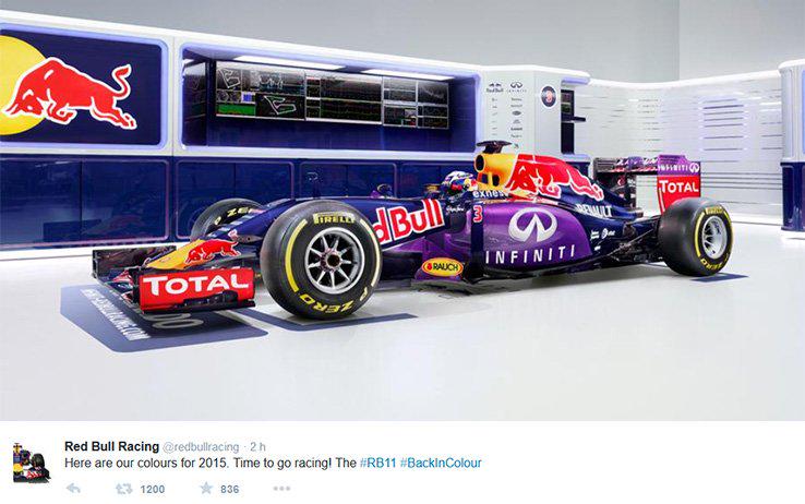 LupionGP's tweet photo. "@redbullracing Aqui estan los nuevos colores para 2015. Es hora de ir de carreras! The #RB11 #BackInColour http://t.co/cYCQd9hQjh